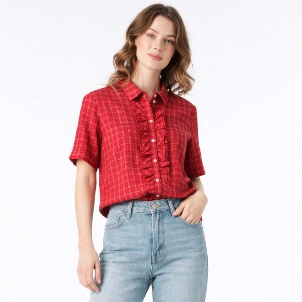 TanJay Red Plaid Ruffle Front Cottagecore Blouse Medium